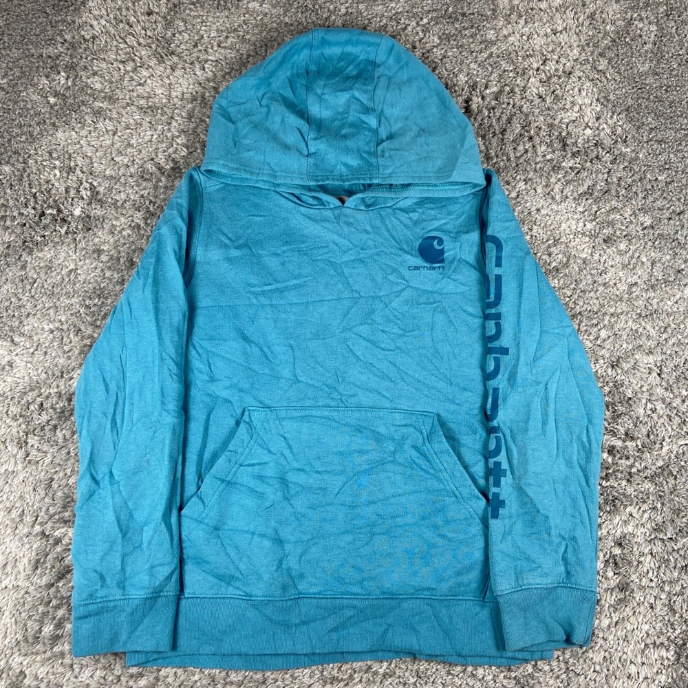 Carhartt Hoodie Kids L 12 Blue Logo Graphic Sleeve Pullover Sweatshirt Outerwear